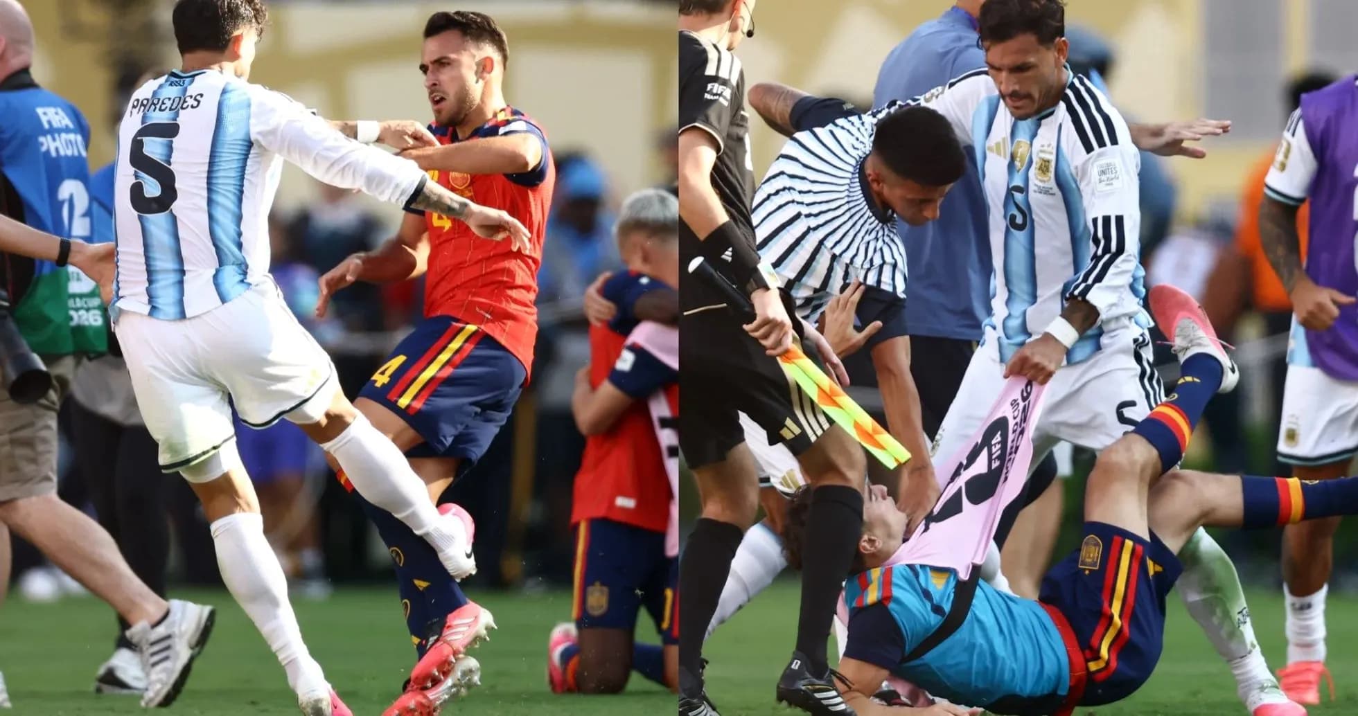 Players clashing during intense football match incident Players clashing during intense football match incident