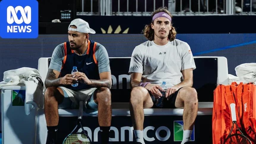 Nick Kyrgios and Stefanos Tsitsipas seated during match Nick Kyrgios and Stefanos Tsitsipas seated during match