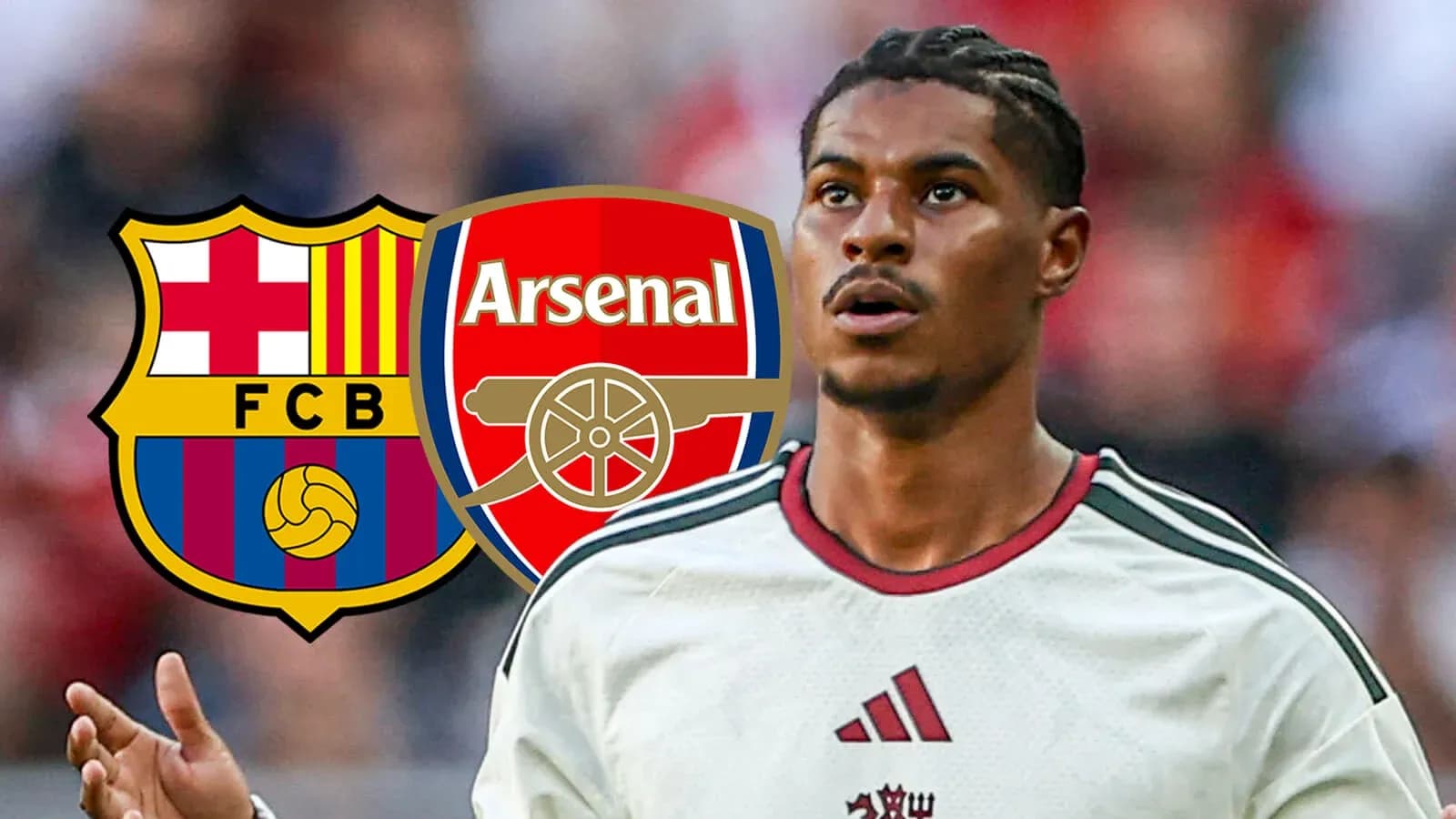Player looking on with Barcelona and Arsenal logos Player looking on with Barcelona and Arsenal logos