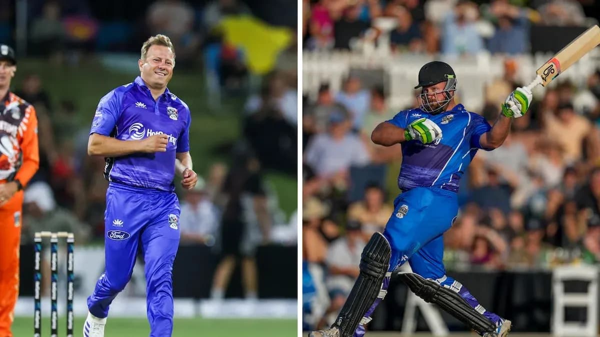 Cricketers bowling and batting during match action Cricketers bowling and batting during match action