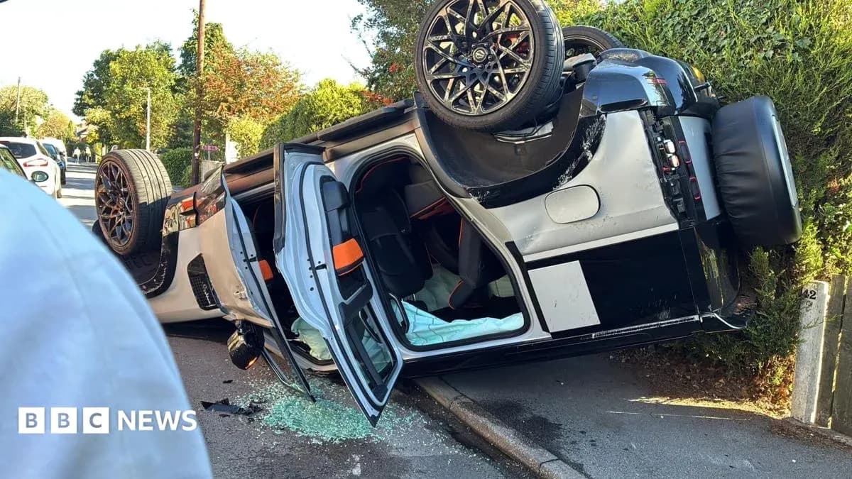 Upside-down car on the side of the road Upside-down car on the side of the road
